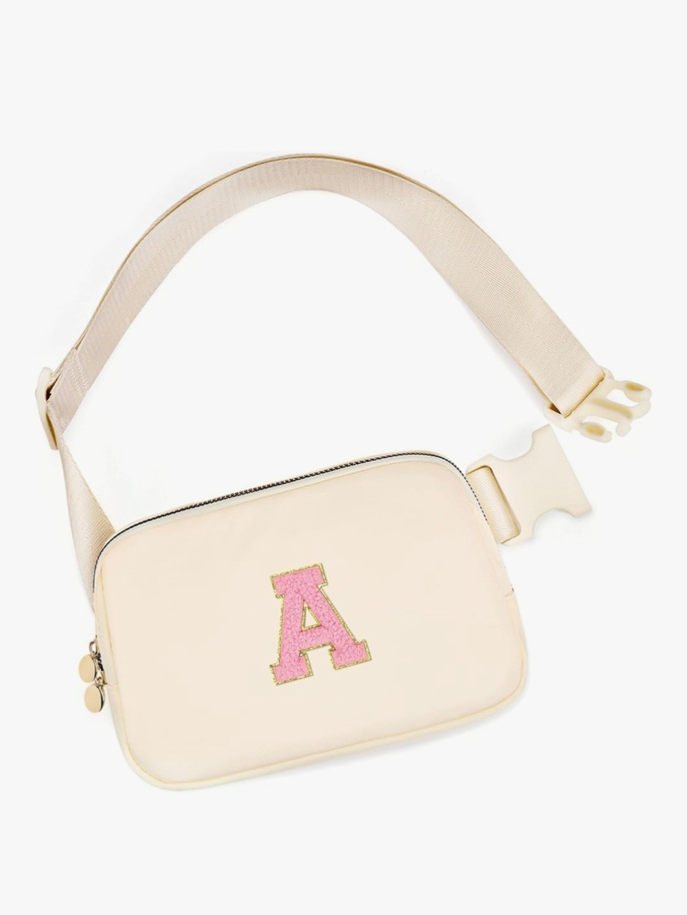 Cream Crossbody Belt Bag with Pink Initial 'A' Accent